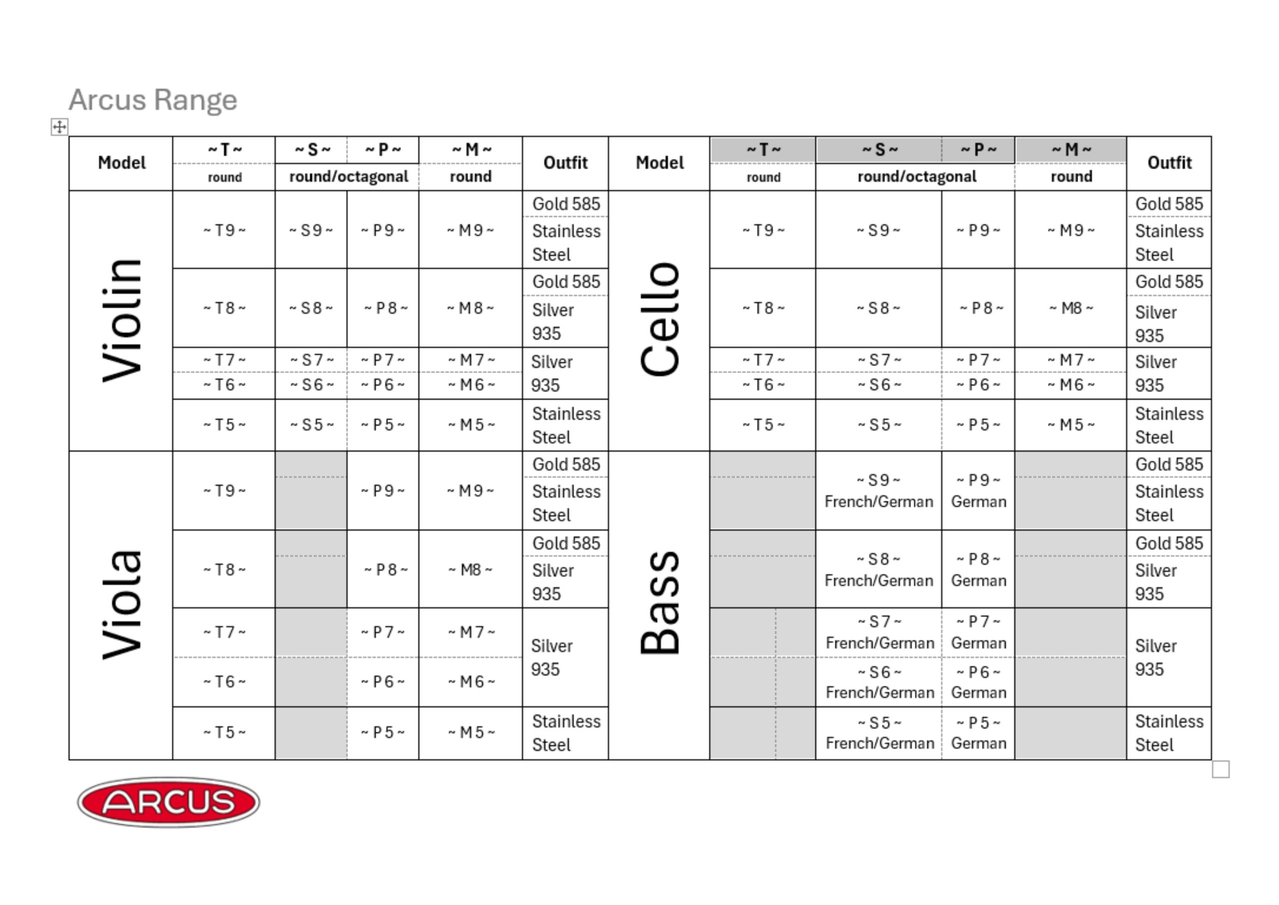 Arcus Table Arcus Bow Specifications